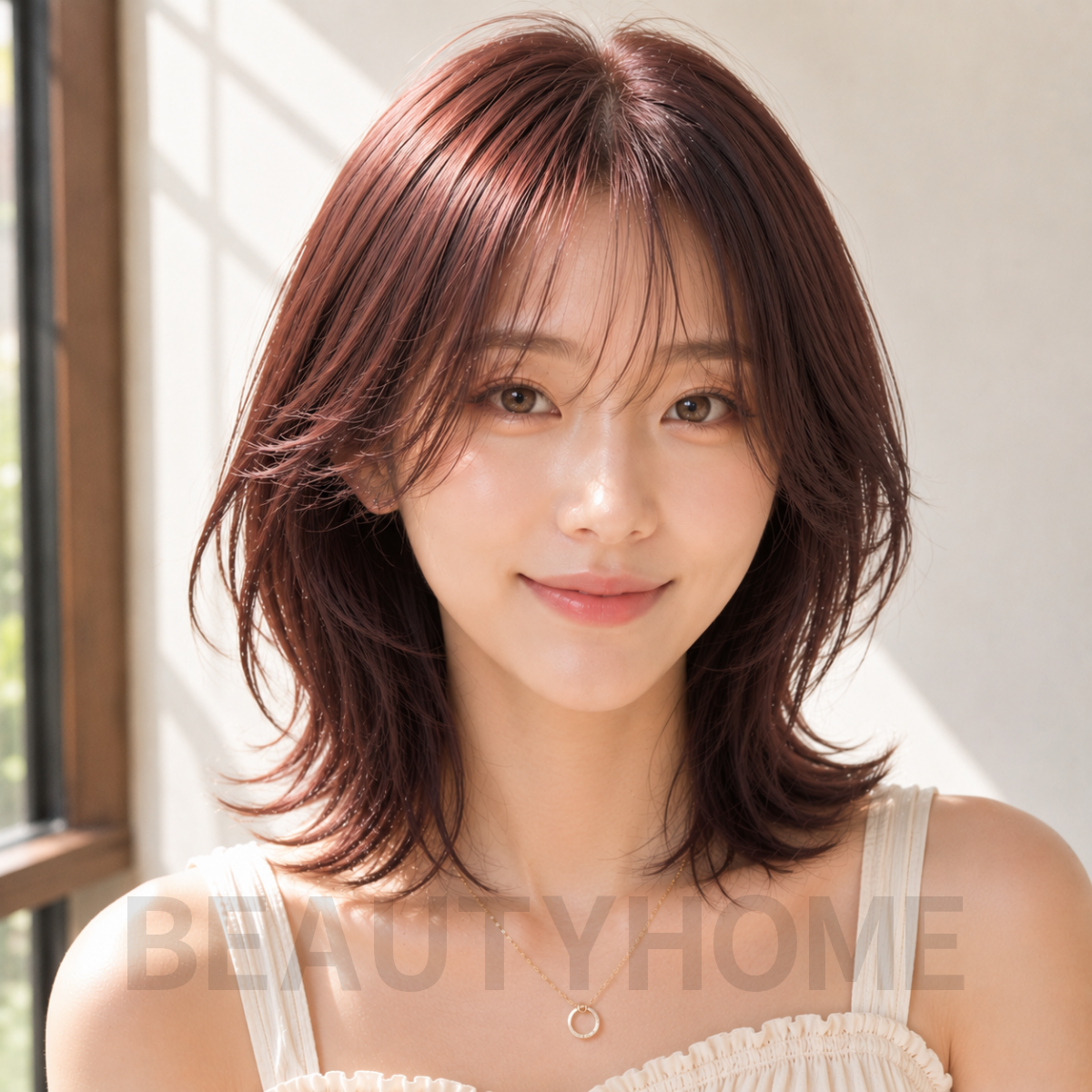 여자 중단발 허쉬컷과 체리 브라운 염색