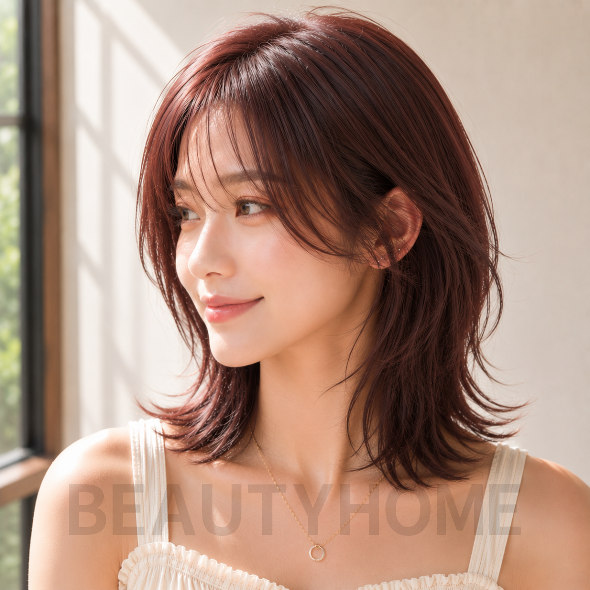 여자 중단발 허쉬컷과 체리 브라운 염색