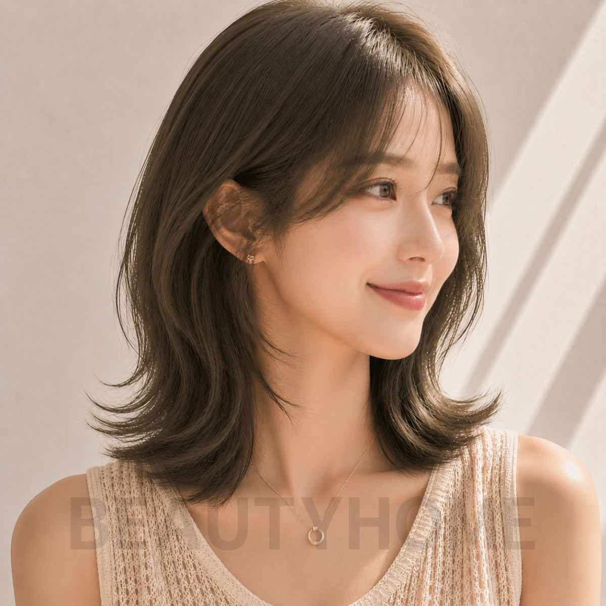 여자 중단발 허쉬컷과 카키 브라운 염색