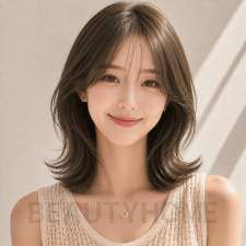 여자 중단발 허쉬컷과 카키 브라운 염색